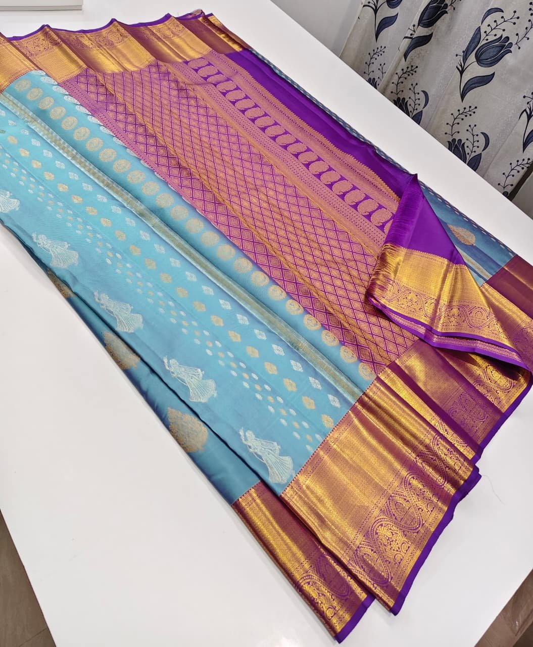Sky Blue  Kanchipuram Pure Silk Silver Saree